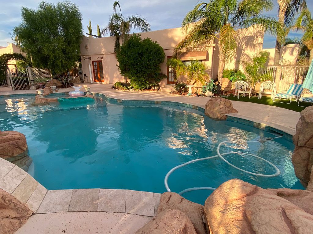 A pool with a rock wall and palm trees